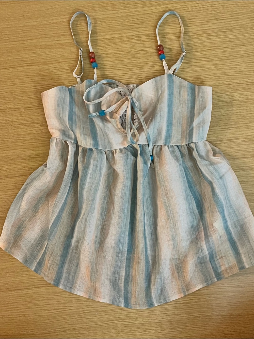 Y2K Bohemian Babydoll Blue Cream and Beige Lightweight Striped Tank Top Size S